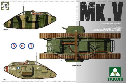 Сборная модель  2034 Takom Английский танк Mark V (3 в 1, самка, самец, гермофродит) 