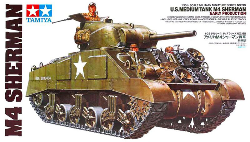 Сборная модель 35190 Tamiya Американский средний танк М4 Sherman (ранняя версия) 1942г. с 3 фигурами танкистов 