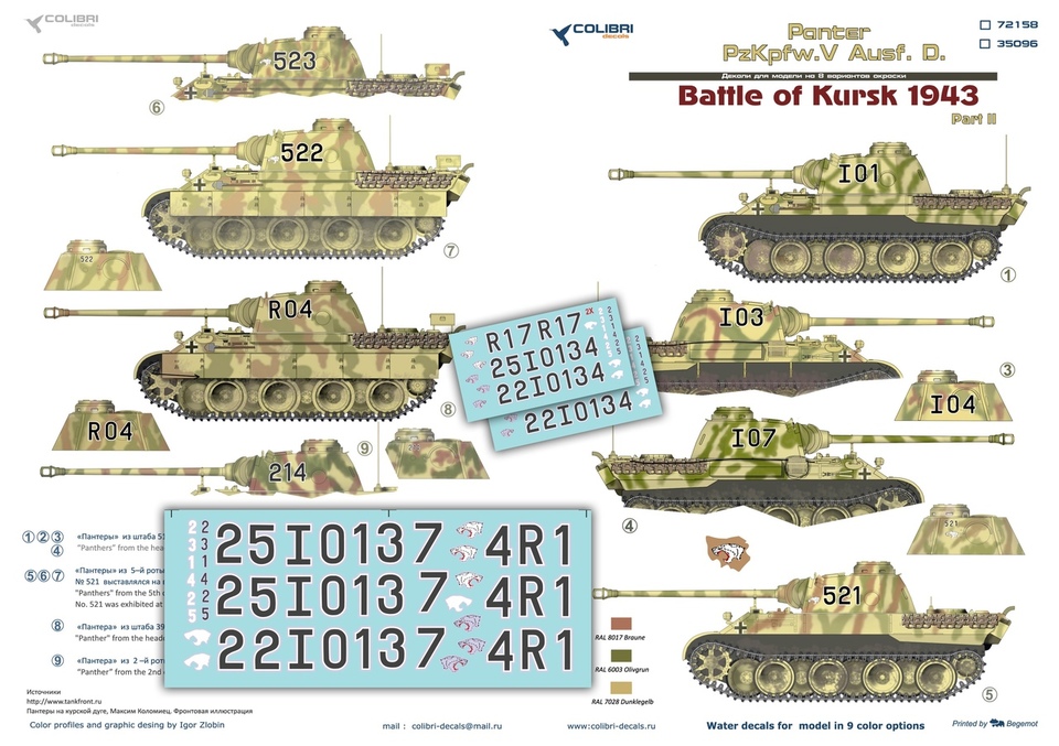 72158 Colibri Decals Декали Pz.Kpfw.V Panter Ausf.D  Battle of Kursk1943 - Part II 1/72
