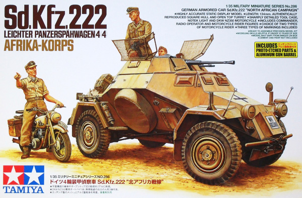 Сборная модель 35286 Tamiya Немецкий БТР Sd.Kfz.222 африканский корпус, мотоцикл DKW NZ350, 3 фигуры, фототравление 