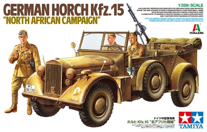 Сборная модель 37015 Tamiya Германский автомобиль Horch Kfz.15 (Африканский корпус, 3 фигуры)