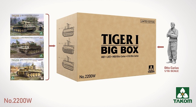 2200W Takom TIGER I BIG BOX 3 kits 1/35 & Otto Carius figure 1/16