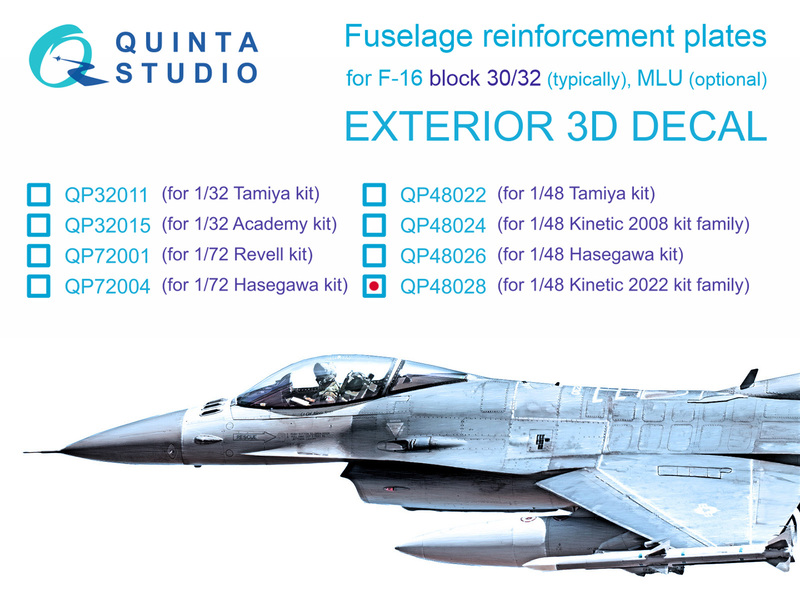 QP48028 Quinta 3D Усиливающие накладки для F-16 block 30/32 (Kinetic 2022г. разработки) 1/48