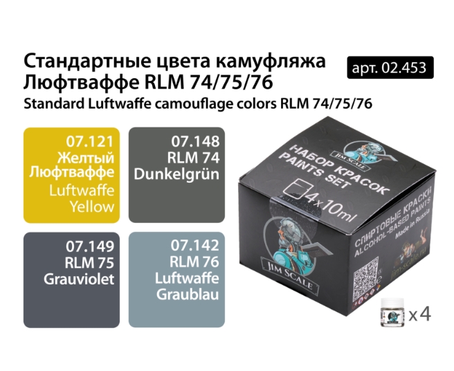 02.453 Jim Scale Набор спиртовых красок "Стандартные цвета камуфляжа Люфтваффе" (4 краски)